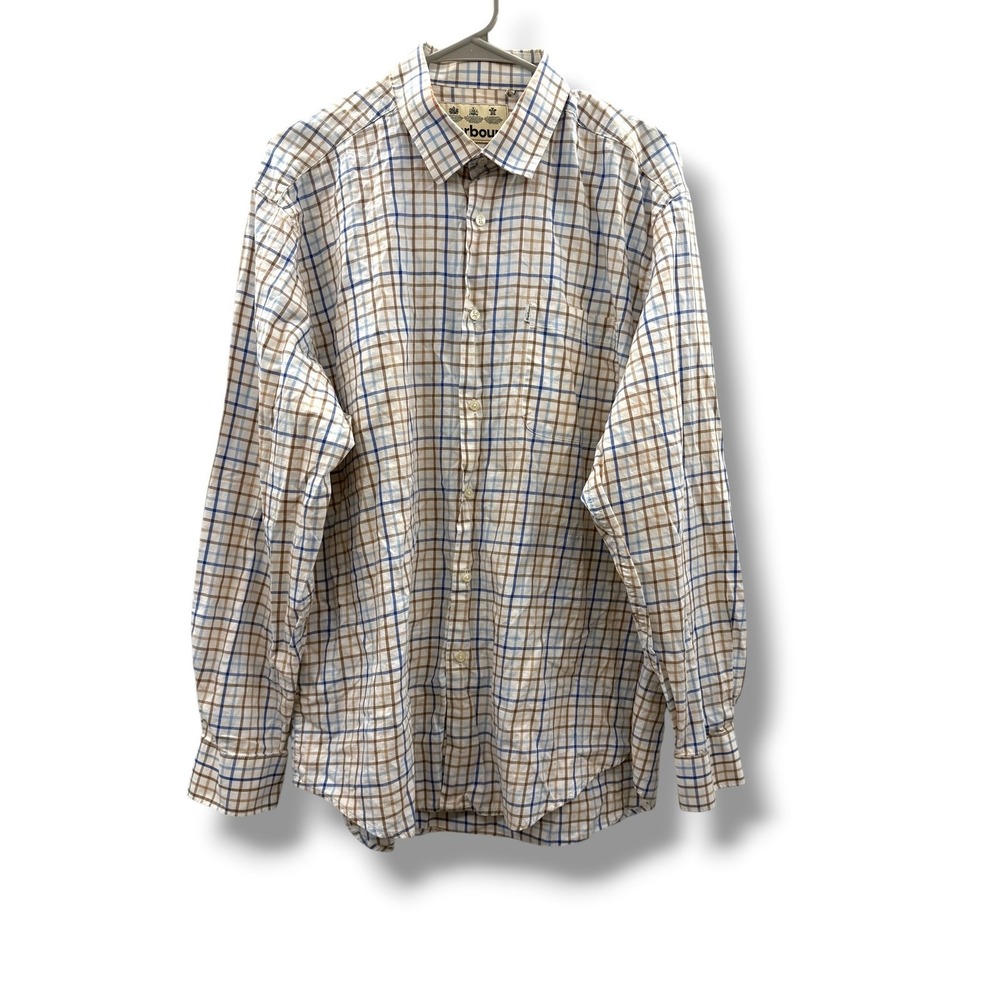Barbour Odell Shirt Mens Large Blue Tan Plaid Cotton Button Down MSH3543BL54